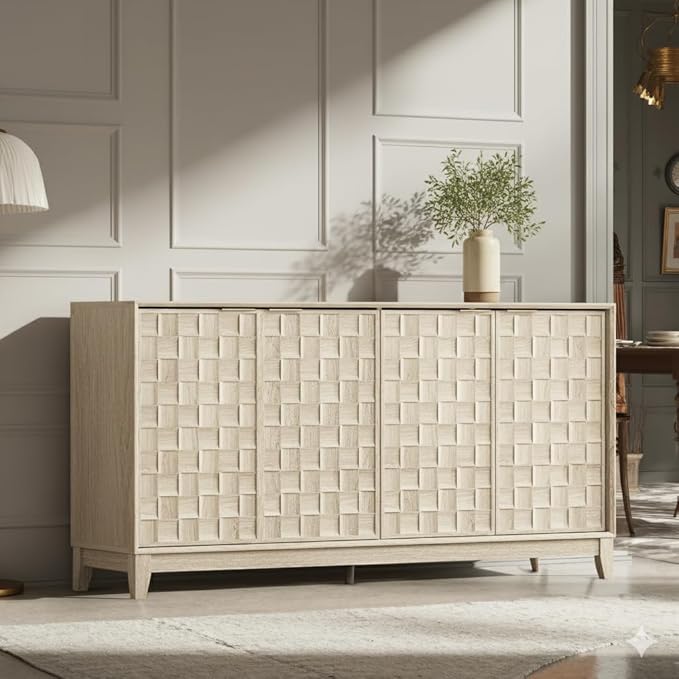 Mid-Century Sideboard Buffet Cabinet with 6×10 Embossed Checkerboard Doors, Adjustable Shelves & Soft-Close Hinges, Modern Storage Cabinet for Dining Room, Living Room, Entryway – Oak White Finish