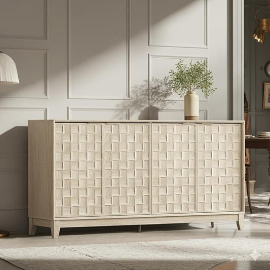 Mid-Century Sideboard Buffet Cabinet with 6×10 Embossed Checkerboard Doors, Adjustable Shelves & Soft-Close Hinges, Modern Storage Cabinet for Dining Room, Living Room, Entryway – Oak White Finish