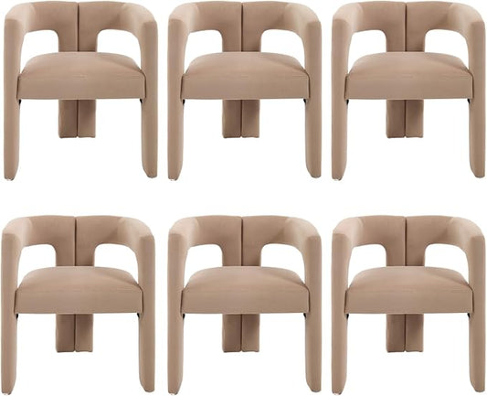Modern Dining Chairs Set of 6, Upholstered Side Chairs Velvet Fabric Guest Chairs with Barrel Backrest Armchair for Dining Room Living Room, Khaki