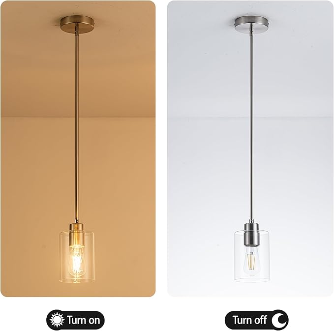 MAYNA 2-Pack Brushed Nickel Hanging Lamps, Contemporary Kitchen Island Pendants with Bulbs, Adjustable Rods Clear Glass Cylinder Lighting for Dining Area