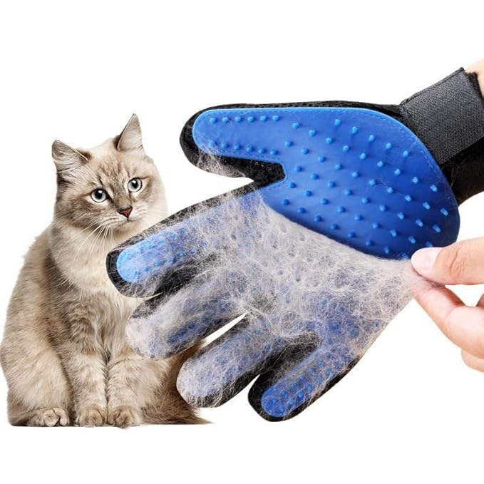 2-in-1 Pet Grooming Glove & Rubber Scrubber – Deshedding Brush Mitt for Dogs & Cats – Gentle Hair Remover for Long & Short Hair, Furniture & Sofa Cleaning – Blue, Right Hand