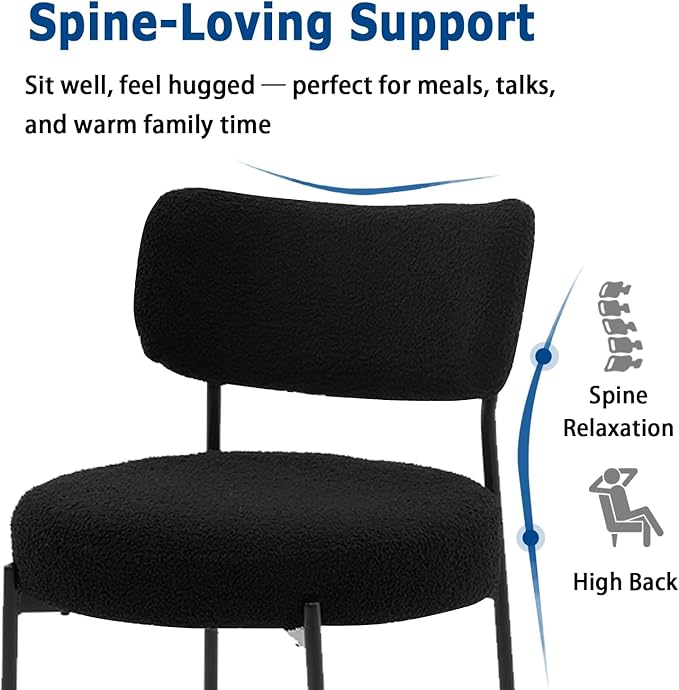 Black Dining Chairs Set of 2, Dining Room Chairs with Curved Backrest, Modern Boucle Dining Chairs with Upholstered for Living Room (2,Black)