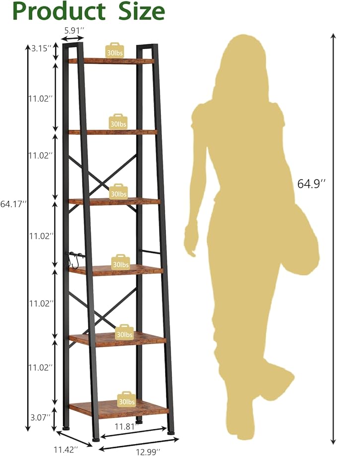 Furologee 6 Tier Ladder Shelf Bookcase, Tall Ladder Bookshelf Narrow with 2 Hooks, Industrial Metal Wooden Shelf Free Standing, Skinny Bathroom Shelves for Bedroom Living Room Kitchen, Rustic Brown