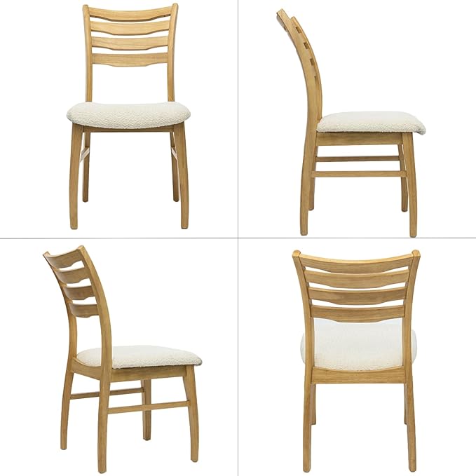 DUOMAY Farmhouse Dining Chairs Set of 6, Fur White Upholstered Side Chairs Solid Wood Ladder Back Kitchen Chairs for Home Dining Room, Light Browm Frame