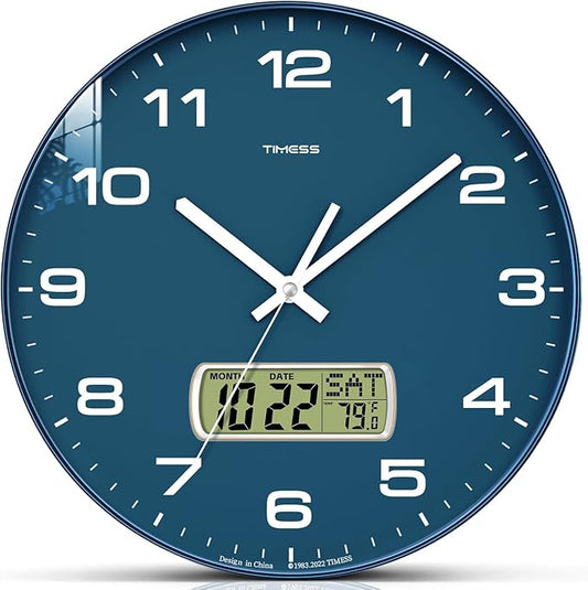 Wall Clock, 13" Dial Non-Ticking Silent Battery Operated Analog with LCD Display for Perpetual Calendar and F° Temperature, Ideal Modern Home, Office Decor (Blue)