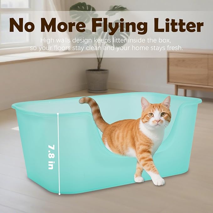 Large Cat Litter Box With High Sides For Indoor Multi Cats,Big Low Entry Cat Litter Pan Kitty Litter Box For Kittens & Senior Cats,Open Top Waterproof Anti-Splashing High Wall Cat Box(Purple)
