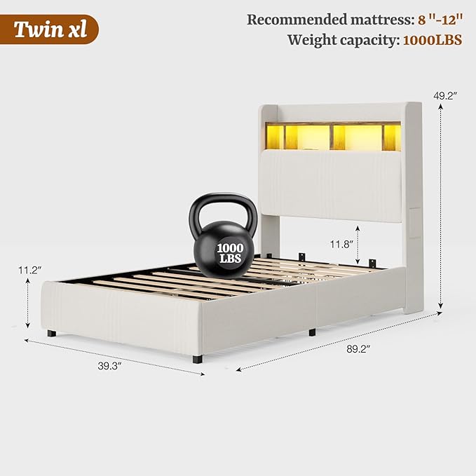 IKIFLY Twin XL Bed Frames with Hidden Storage Headboard & 4 Drawers, 49.2” Tall Upholstered Wingback Headboard with LED Lights and Charging Station, No Box Spring Needed, Solid Wood Slats, White