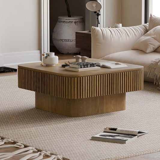 31.5'' Small Square Coffee Table with Storage, Fluted Coffee Table with Solid Wood Veneered, Mid Century Modern Wooden Center Table, Accent Tea Table for Small Space Living Room Apartment, Brown