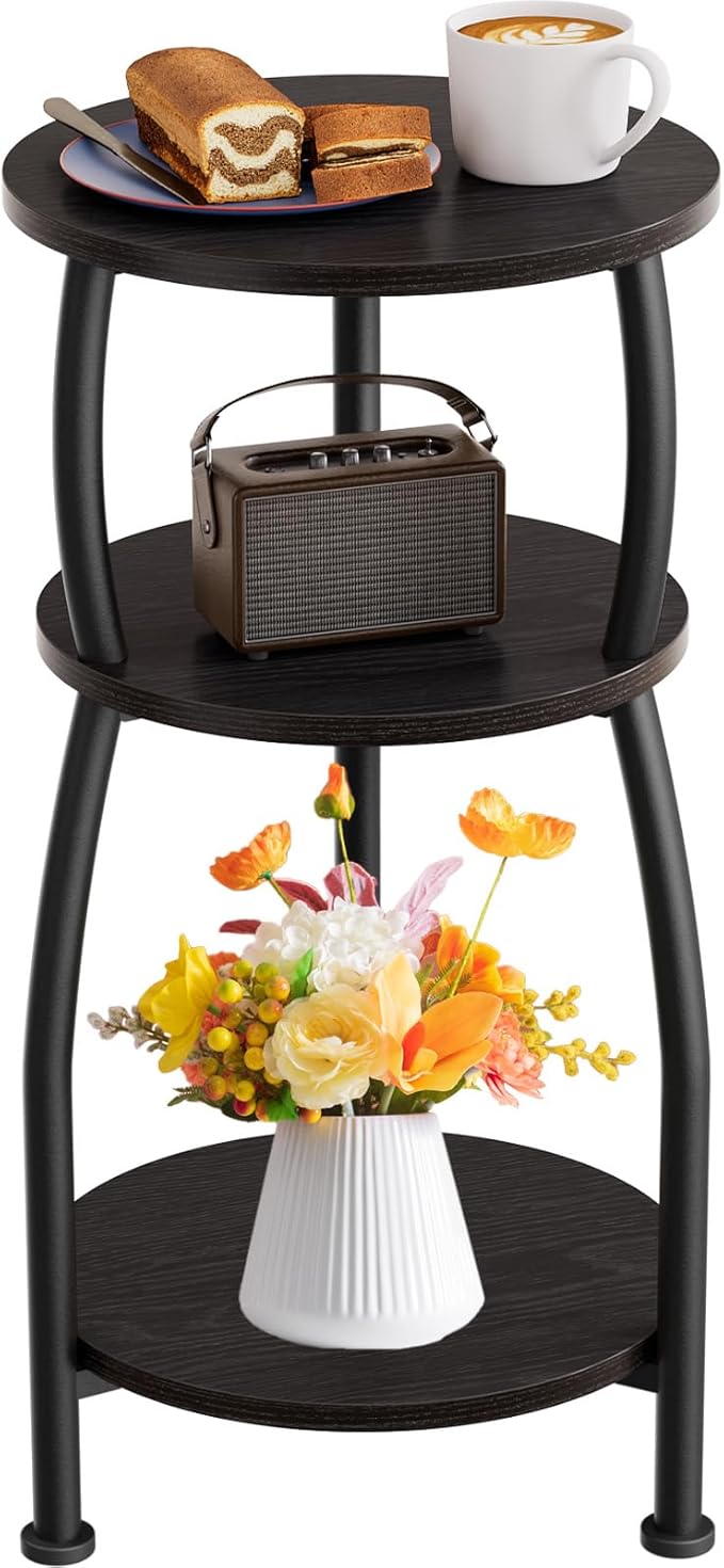 Small Round Side Table, 3-Tier End Table with Storage Shelf, Slim Sofa Table Coffee Table, Sturdy & Easy Assemble Nightstand for Small Spaces, Living Room Bedroom Corner, Black