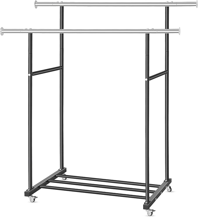 Clothes Rack, Double Clothing Rack with Wheels and Extra Wide Bottom Shelf, 52.36’’ Heavy Duty Garment Racks for Hanging Clothes, Coats, Shirts, Skirts, Dresses, 130LB Capacity, Black