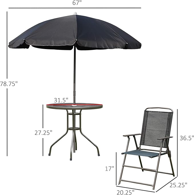 Outsunny 6 Piece Patio Dining Set for 4 with Umbrella, Outdoor Table and Chairs with 4 Folding Dining Chairs & Round Glass Table for Garden, Backyard and Poolside, Black