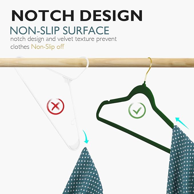 ManGotree Velvet Coat Hangers with 360° Swivel Gold Hook, Non-Slip Felt Suit Hangers, Slim Space Saving Clothes Hanger for Jacket, Sweater, Shirt, Dress, Pants (36 Pack, Green)