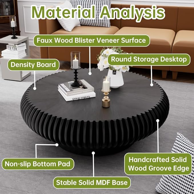 Black Round Coffee Table for Living Room Round Fluted Drum Coffee Table Modern Fluted Coffee Tables for Living Room (Black, 39.3 inch)