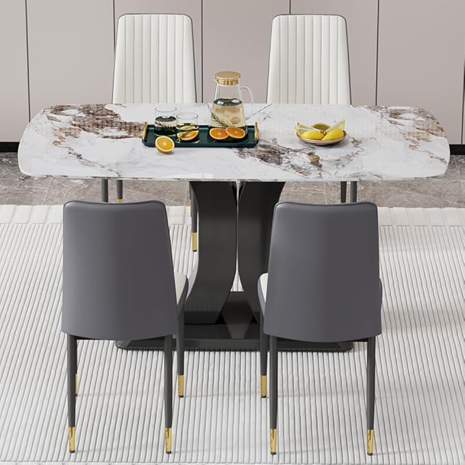 Modern Marble Dining Table Set for 4 - Rectangular Kitchen Table With PU Leather Upholstered Chairs for Dining Room (Off White-C, White)