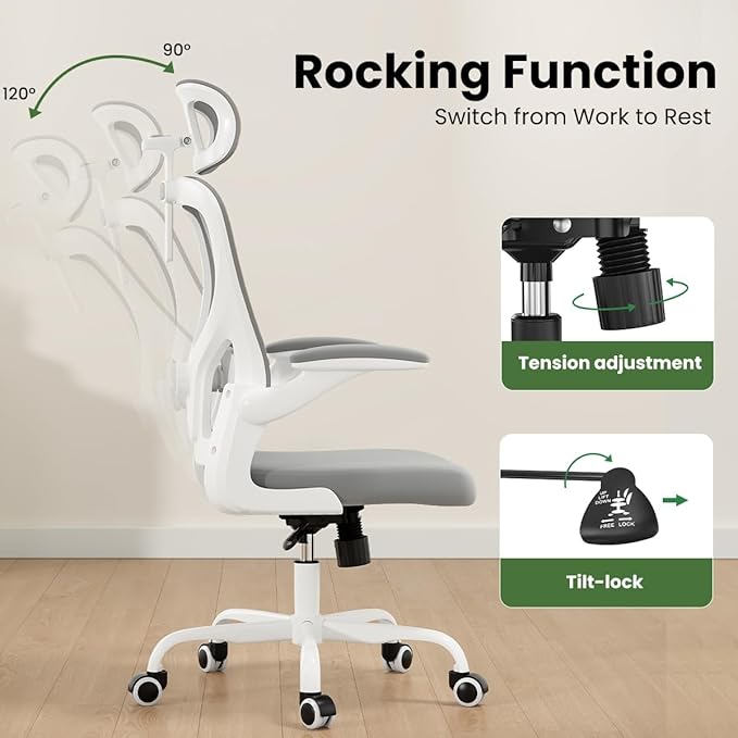 Soohow Office Chair, Ergonomic Office Mesh Desk Chair with Adjustable Back Support, High Back Comfy Computer Swivel Chair with Headrest, Lumbar Support for Study Room, Gaming and Office, White & Grey
