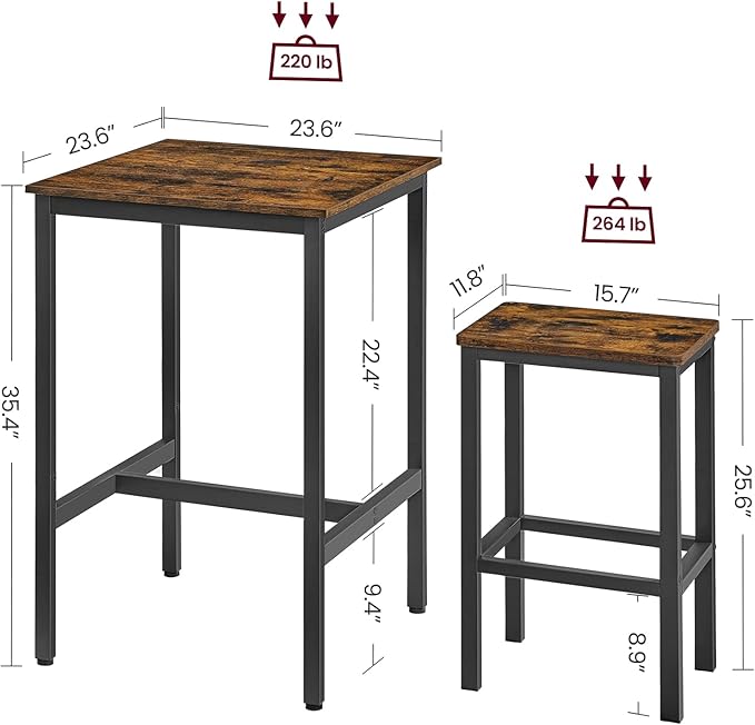 VASAGLE Bar Table and Chairs Set, Square Table with 2 Stools, Dining Pub Set for 2, Space Saving for Kitchen Breakfast, Living Room, Party Room, Rustic Brown and Ink Black