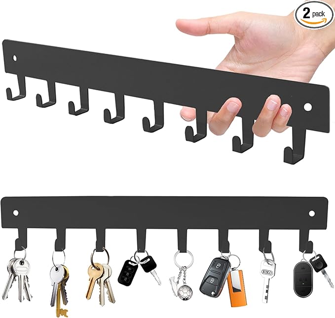 2 Pack Key Holder for Wall, Key Hooks with 8 Hooks, No Drilling Required, Self-Adhesive Key Holder, Hallway Wall Mount Keychain, Key Holder Wall Mount for Corridor, Living Room (Grey)