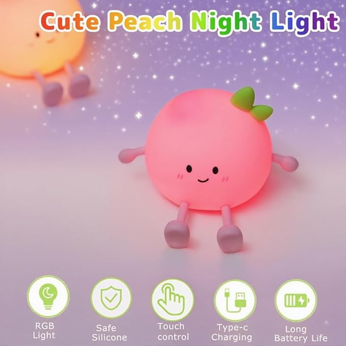 Peach Night Light for Adults Kids,Cute Silicone Dimmable Sleeping and decoration Nightlight, Rechargeable Bedside Touch Table Lamp for Breastfeeding Christmas Gifts Lover Kids Kawaii Room Decor