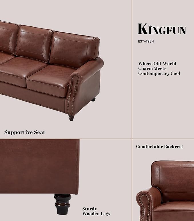 WILLOVE Faux Leather Sofa, Mid Century Modern Couch with Rolled Arm & Nailhead Trim for Living Room, Office - Retro Brown