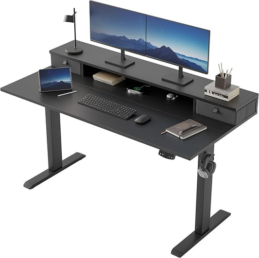 Klicelor 55 Inch Electric Standing Desk with Drawers, Adjustable Height Small Sit Stand Desk for Home Office, Compact Computer Workstation with Storage– Black
