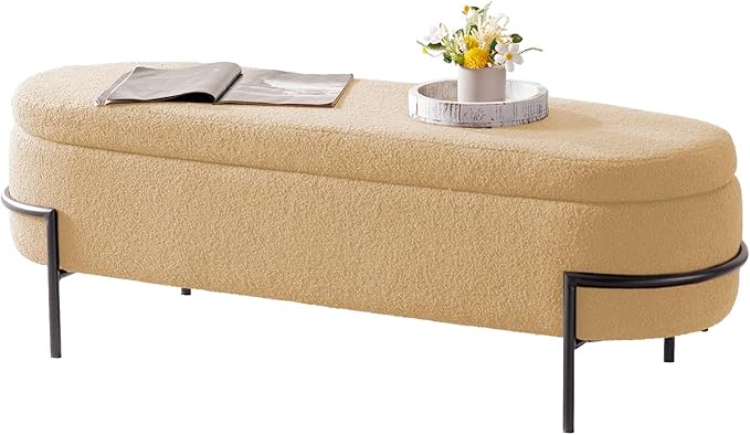 Sherpa Storage Ottoman Bench for Bedroom, Beige End of Bed Bench with Storage, Upholstered Boucle Storage Bench with Metal Stand and Hinges, Oval Ottoman for Living Room, 45 Inch