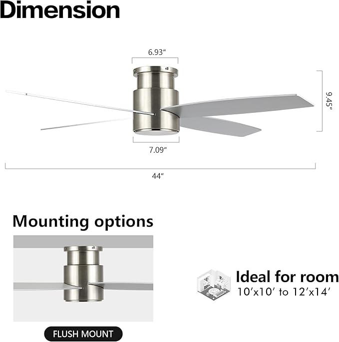 WINGBO 44" Flush Mount DC Ceiling Fan without Lights, 4 Reversible Plywood Blades, Quiet 6-Speed DC Motor, Hugger Low Profile Ceiling Fan No Lights for Bedroom, Brushed Nickel Finish