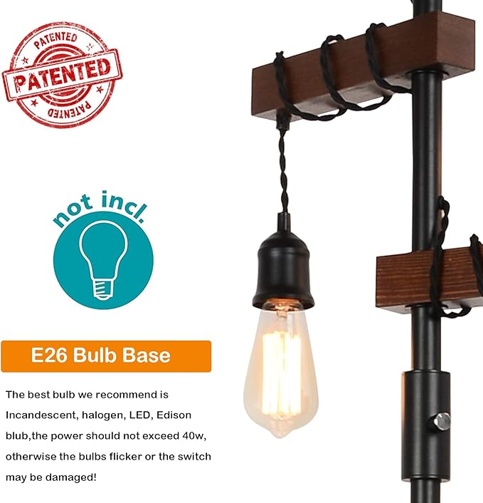 Airposta Industrial Floor Lamp, Farmhouse Tree 68 Inch 3 Lights Wood Standing Lamp, Sturdy Base Tall Vintage Metal Black Pole Light for Living Room Bedroom Office Rustic Home