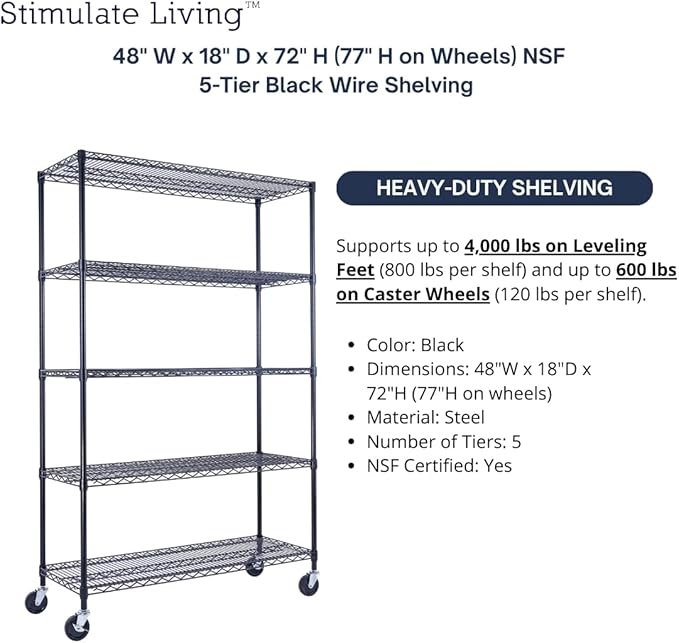 48"x18"x72" PRIME HEAVY DUTY Black 5-Tier Wire Shelving NSF 4000 LBS MAX Capacity Storage Rack for Commercial, School, Home, Garage, Warehouse, Industrial, and Hospital Uses (with Wheels)