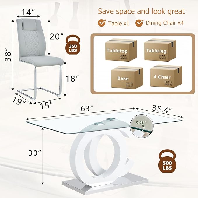 63'' Glass Dining Table Set for 4, Kitchen Table Chairs Set of 4, Clear Glass Dining Table with White unique design Leg and Silver Metal Base, 4 PU Dining Chairs with Metal Legs, Living Room, Kitchen.