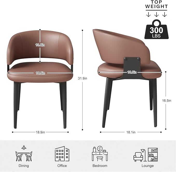 Modern Dining Chairs Set of 2, Faux Leather Upholstered Kitchen Chairs with Curved Back and Metal Legs, Mid Century Chairs for Dining Room, Kitchen, or Café (Brown)