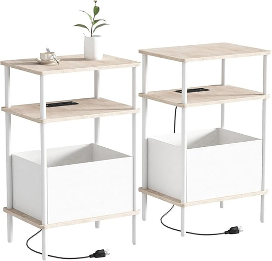 Small Side Table with Charging Station, Set of 2 End Table for Small Spaces, Slim Nightstand with Outlet,Sofa Beside Table, 3-Tier Storage Shelf,Living Room, Bed Room, Natrual Oak