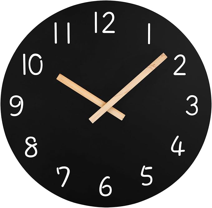 Plumeet 10'' Wooden Wall Clock Small Frameless Clocks with Silent Quartz Movement - Modern Style Village Wall Clocks Decorative Home Kitchen - Battery Operated (Black)
