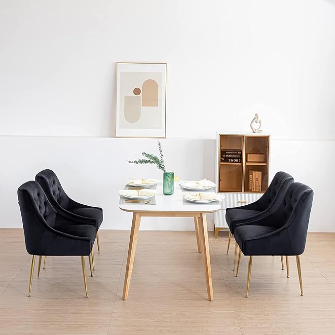 Modern Dining Chair Set of 6, Mid-Century Room Chair, Upholstered Comfortable Velvet with Back Pull Rod and Metal Legs for Kitchen, Dining, Living (Black), (DYXSD)