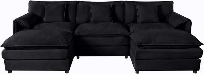 109.45" Oversized Extra Deep Seat Modern Chenille Cloud Couch, Large 3 Seater U Shape Modular Sofa for Living Room,Bedroom,Apartment,Office (Black, 109.45 Inch-U Shape)