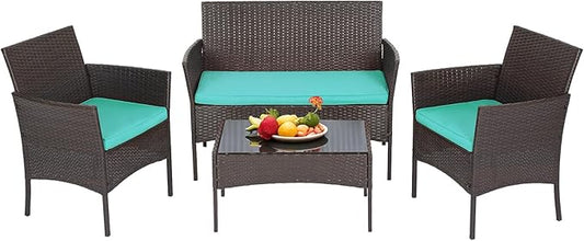 FDW Patio Furniture Set PE Rattan Patio Set Wicker Outdoor Furniture Bistro Set for Outdoor Indoor Use with Loveseats Coffee Table, Blue Cushions, 4 Pieces