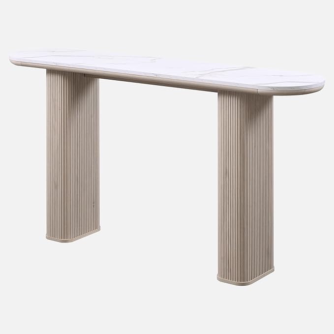 OKD 63" Modern Console Table with Arc Marble Texture Top, Fluted Wood Base, Contemporary Entryway Sofa Table for Living Room, Hallway, Foyer, White Alder