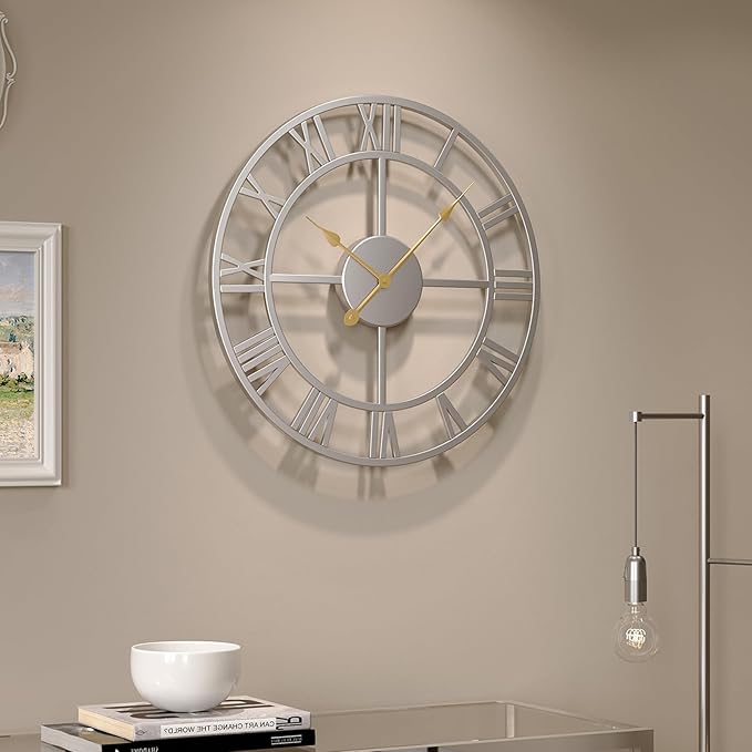 Cuspin 16 inch Wall Clock, Modern Decorative Clock Battery-Operated Silent Non Ticking, Silver Metal Round Clock Roman Numeral Analog for Living Room, Kitchen, Bedroom, Office, Home Decor