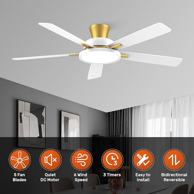 TALOYA 52 inch Ceiling Fans with Lights and Remote,Ultra Silent low profile Ceiling Fan with Three Color Temperature and Dimmable Light with Reversible Blades White Gold