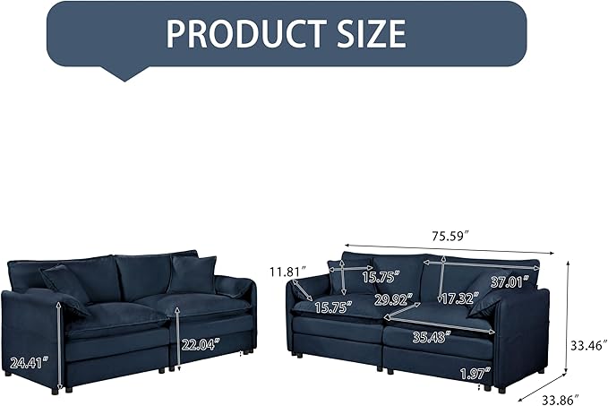 Chenille Sofa Set for Living Room, 2 Pieces Modern Deep Seat Oversized 3-Seater Cloud Couch for Bedroom, Office, Apartment, Furniture Set (Blue, 2+2)