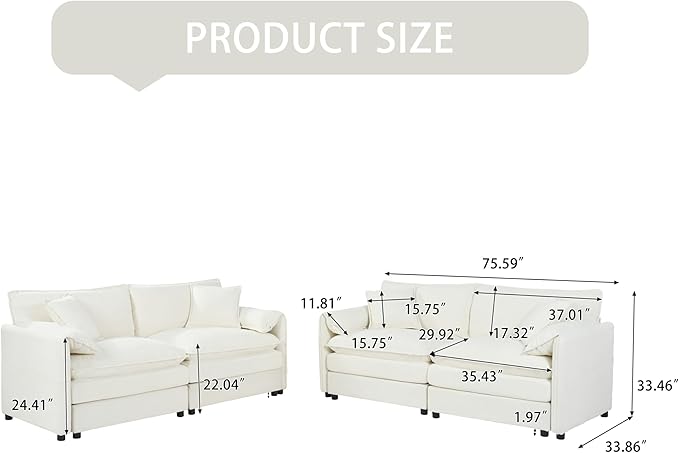 Chenille Sofa Set for Living Room, 2 Pieces Modern Deep Seat Oversized 3-Seater Cloud Couch for Bedroom, Office, Apartment, Furniture Set