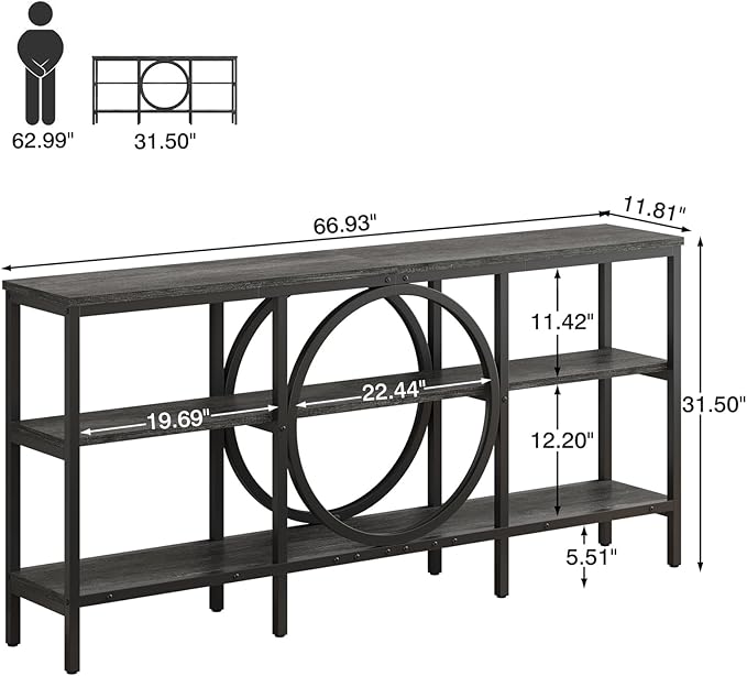 Long Console Table, 66.9 inch Wood Narrow Sofa Tables 3 Tier Couch Table Behind Sofa Industrial Grey Hallway Table Long Entryway Tables for Living Room, Foyer (Grey Oak+Black)