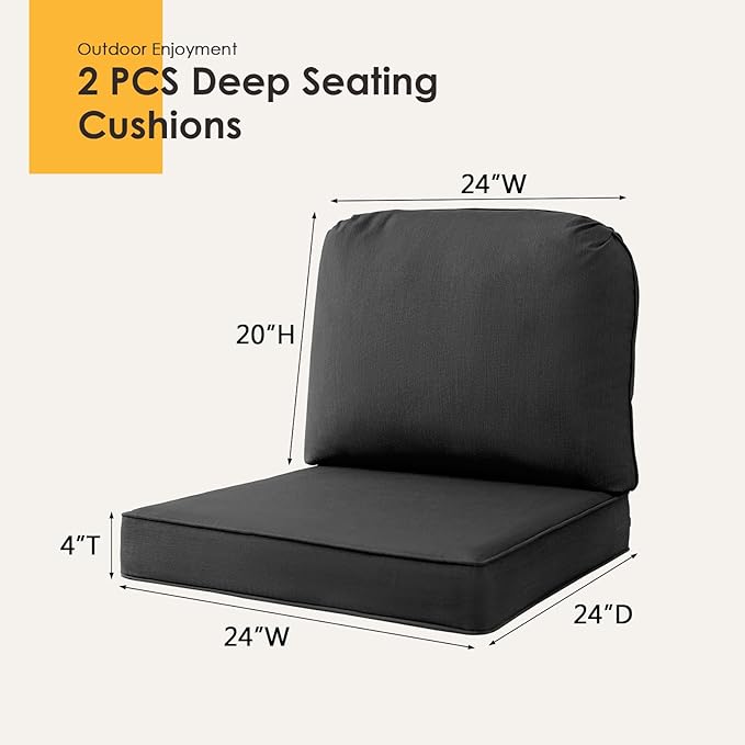 Outdoor Sunbrella Cushions for Patio Furniture Set of 2, 24"x24" Water Repellent Chair Cushions Removable Seat Bottom & Back Cushion Covers for Chair, Sofa, Couch, Spectrum Carbon