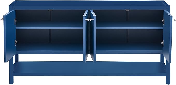 60'' Large Storage Cabinet Sideboard with 4 Doors and Open Bottom Shelf, Functional Wood Entryway Console Table for Study Living Room Dining Room (Navy Blue-SY)