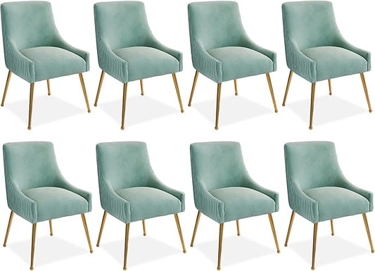 Dining Chairs, Accent Chairs Set of 8, Modern Upholstered Kitchen Dining Room Chairs with Gold Legs, Fabric Tufted Velvet Living Room Chairs for Reception Room Bedroom Guest Room (Green)
