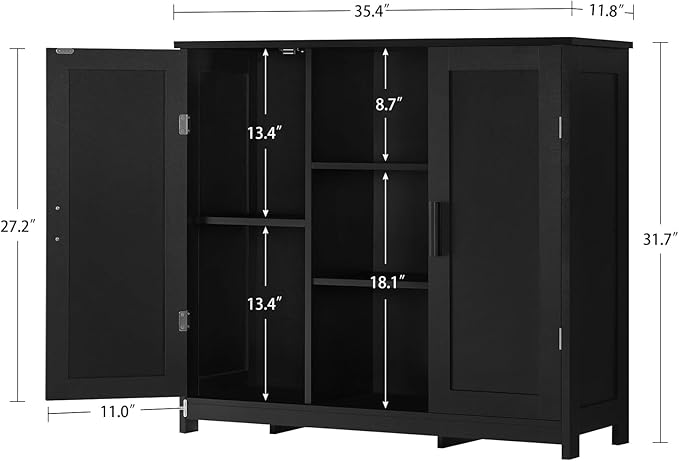 Iwell Storage Cabinet with 2 Doors and 4 Storage Shelves, Bathroom Cabinet, Cupboard for Living Room, Home Office, Entryway, Black