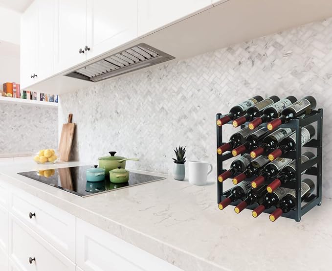 Bamboo Wine Rack, Sturdy and Durable Wine Storage Cabinet Shelf, Wine Racks Countertop for Pantry - 4 Tiers 16 Bottle Wine Rack Black