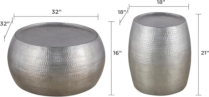 Modern Contemporary Round Aluminum Material 32" Coffee Table and 21" Height End 2PC Table Set with Glossy Hand Hammered Design Antique Silver