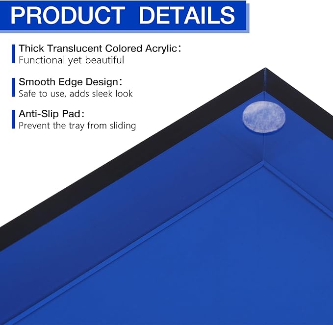 Acrylic Tray 5mm Thicken for Vanity Makeup, Perfume, Jewelry Holder, Napkin, Blue 12x6'' Decorative Serving Tray for Bathroom, Toilet Tank, Sink Countertop, Living Room,Dresser, Coffee Table