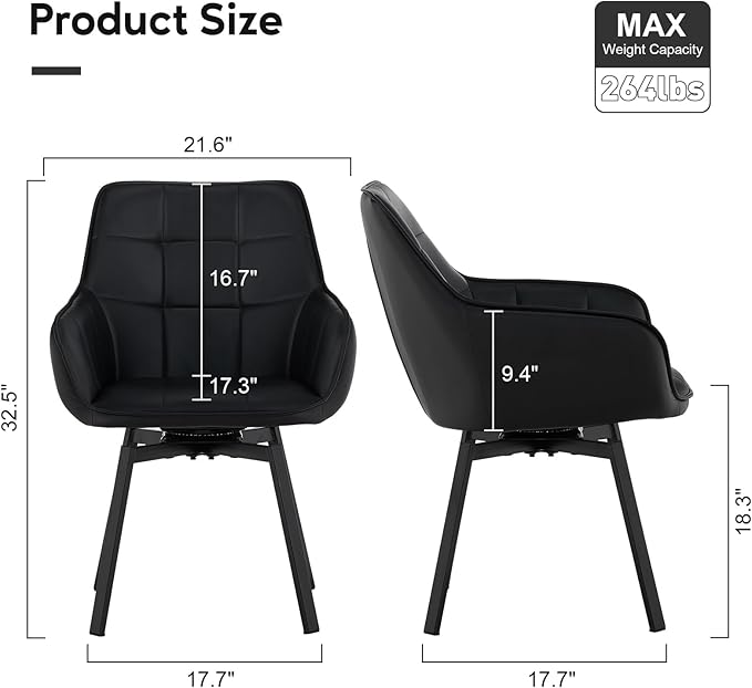 TUKAILAi Swivel Dining Chairs Set of 4, Faux Leather Upholstered Mid Century Accent Chairs with Metal Legs, Rotatable Armchairs for Home Kitchen Restaurant (Black)
