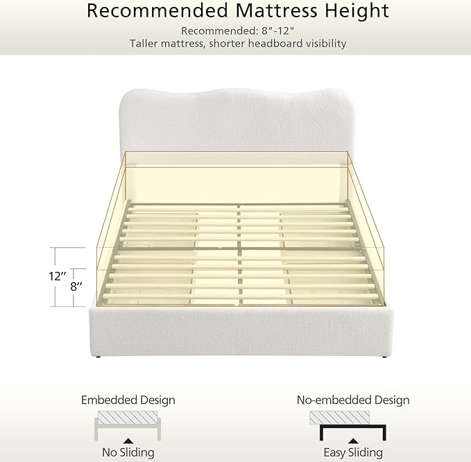 VELOCAVA Full Size Storage Bed with 4 Drawers, Modern Upholstered Bouclé Platform Frame with Curved Headboard, Rounded Corners, Wood Slats, No Box Spring Needed, Cream White